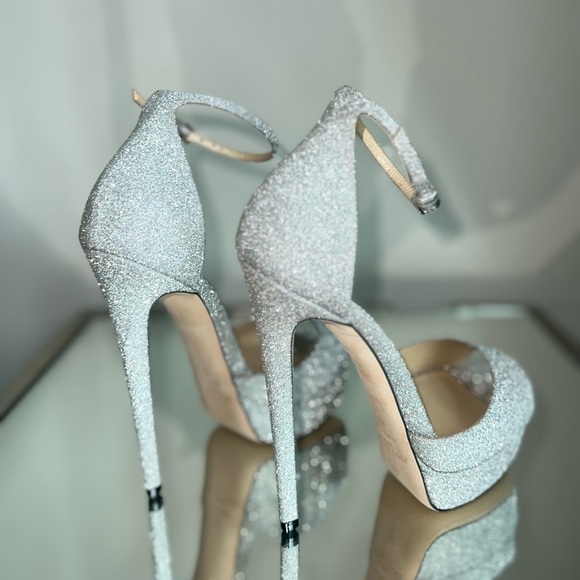 Jimmy Choo Max 150 Metallic Silver Glitter Fabric Platform Stiletto Sandals 37 - Picture 11 of 17